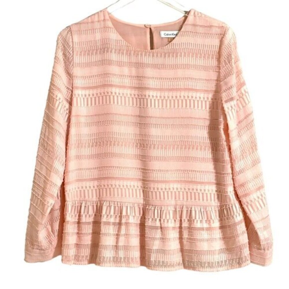 Calvin Klein Top Blouse Coral Pink Textured Chiffon Peplum Top Sz M New